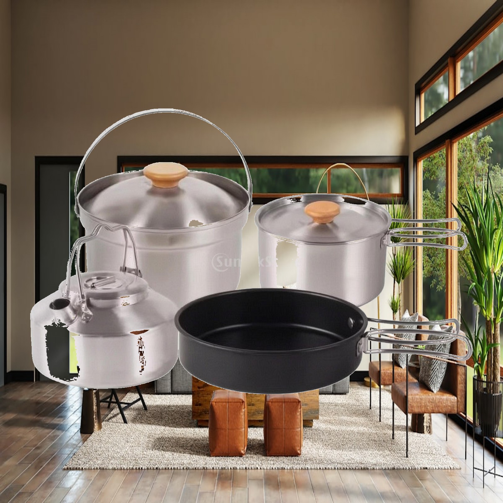 Camping Cooking Kettle - 4-teiliges Camping-Kochset aus Edelstahl, stapelbares Camping-Kochgeschirr-Set