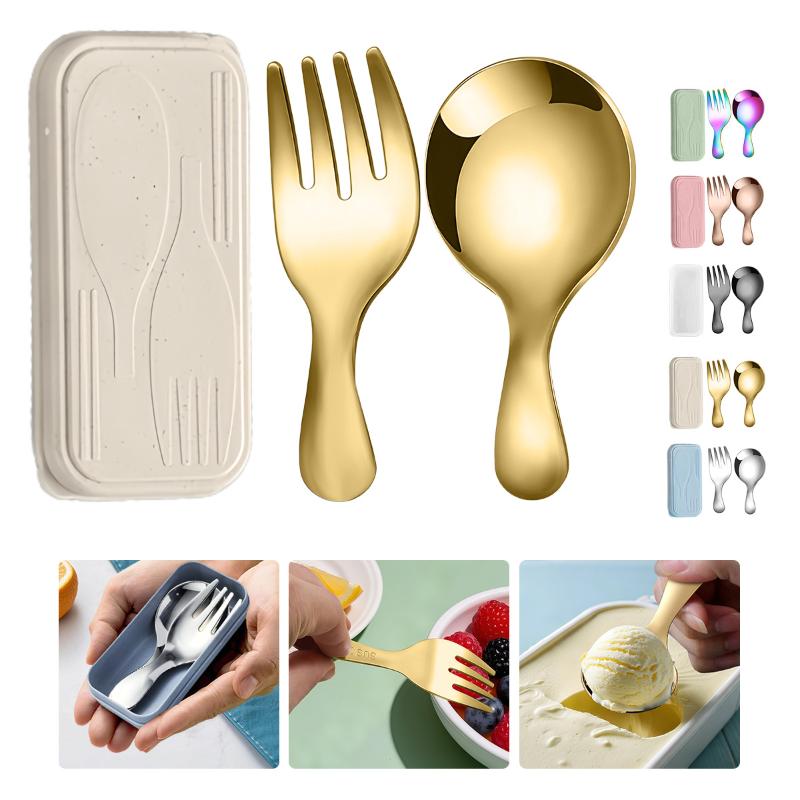 Camping Cooking Sets - Edelstahl-Geschirr-Set, Löffel, Gabel, 2-teilig, tragbar, mit