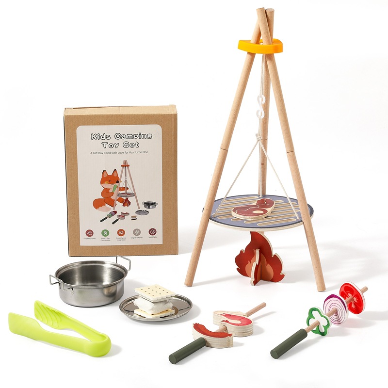 Camping Cooking Kids - Holz-Camping-Grill-Spielset für Kinder mit Lagerfeuer-Kochset, Dreibein-Grill,