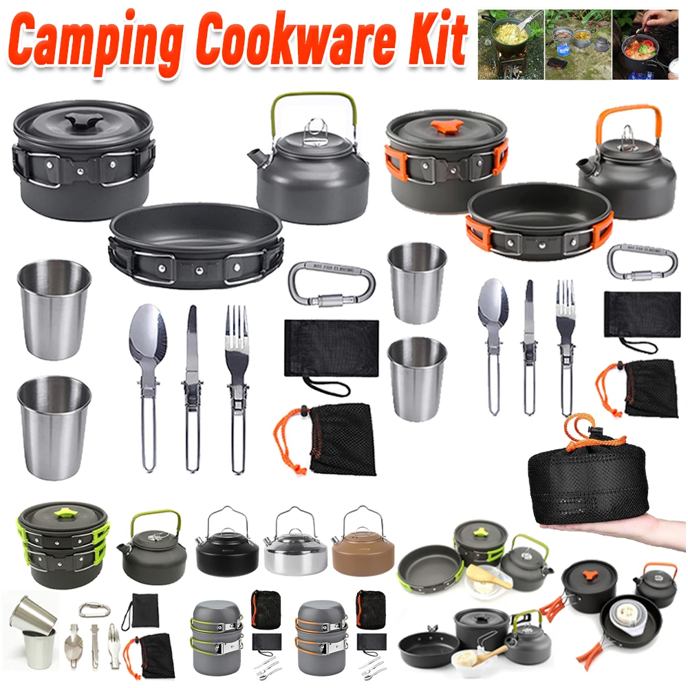 Camping Cooking Sets - Camping-Kochgeschirr-Set, Wasserkocher, Topf, Pfanne, Kochset, tragbar,